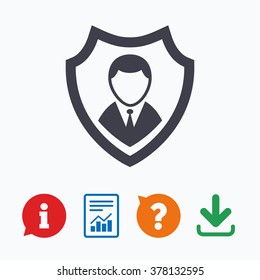 Security agency sign icon. Shield protection symbol. Information think bubble, question mark, download and report.