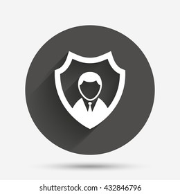 Security agency sign icon. Shield protection symbol. Circle flat button with shadow. Vector