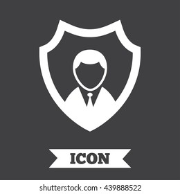 Security agency sign icon. Shield protection symbol. Graphic design element. Flat protection symbol on dark background. Vector