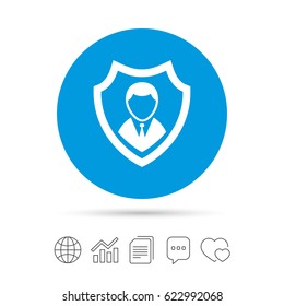 Security agency sign icon. Shield protection symbol. Copy files, chat speech bubble and chart web icons. Vector
