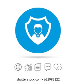 Security agency sign icon. Shield protection symbol. Copy files, chat speech bubble and chart web icons. Vector