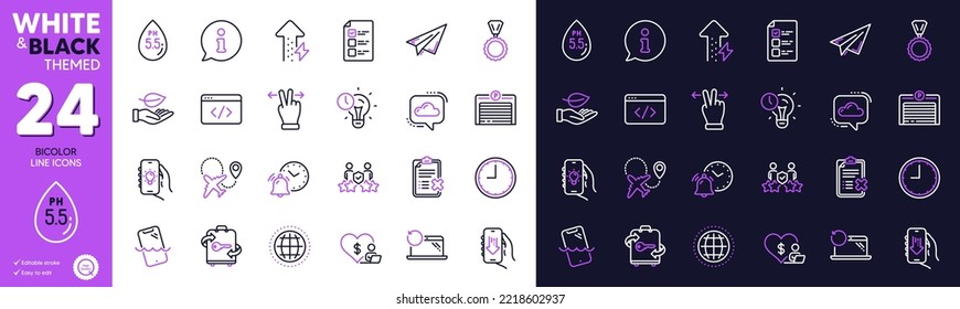 Security agency, Time management and Leaf line icons for website, printing. Collection of Energy growing, Ph neutral, Reject checklist icons. Electric app, Medal, Voting ballot web elements. Vector