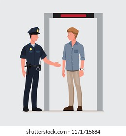 Security Agent At An Airport Check-in Gate.Vector Illustration Cartoon Character.
