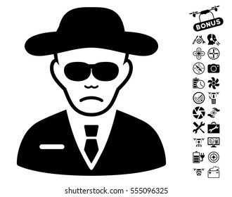 Security Agent icon with bonus quad copter tools pictograph collection. Vector illustration style is flat iconic black symbols on white background.