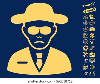 Security Agent icon with bonus uav service design elements. Vector illustration style is flat iconic yellow symbols on blue background.