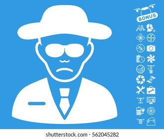 Security Agent pictograph with bonus drone tools graphic icons. Vector illustration style is flat iconic white symbols on blue background.