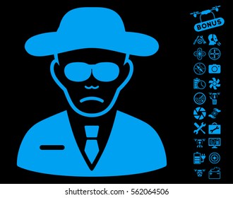 Security Agent pictograph with bonus flying drone tools design elements. Vector illustration style is flat iconic blue symbols on black background.