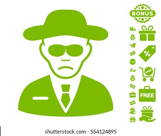 Security Agent pictograph with free bonus pictures. Vector illustration style is flat iconic symbols, eco green color, white background.