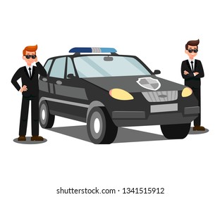 Security Agents And Car Flat Vector Illustration. Bodyguards with Earpieces Isolated Cartoon Characters. Security Agency Personnel. Guardians and Black Jeep on Mission. Secret Agents escort Services