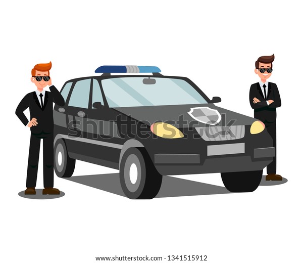 Security Agents And Car Flat Vector\
Illustration. Bodyguards with Earpieces Isolated Cartoon\
Characters. Security Agency Personnel. Guardians and Black Jeep on\
Mission. Secret Agents escort\
Services
