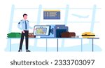 Security at airport. Guard scanning passenger luggage on special scanner. X-ray detector terminal. Officer checking suitcases. Tourist bags on conveyor. Baggage control
