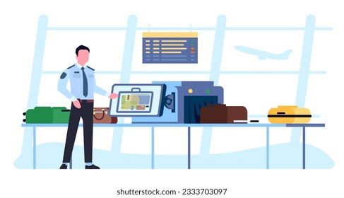 Security at airport. Guard scanning passenger luggage on special scanner. X-ray detector terminal. Officer checking suitcases. Tourist bags on conveyor. Baggage control