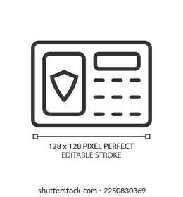 Security alarm pixel perfect linear icon. Detect intrusion. Burglary prevention. Automated safety system. Home access. Thin line illustration. Contour symbol. Vector outline drawing. Editable stroke