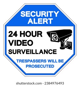 Signo de símbolo de vigilancia de vídeo de alerta de seguridad de 24 horas, Ilustración de vectores, Aislado en etiqueta de fondo blanco. EPS10