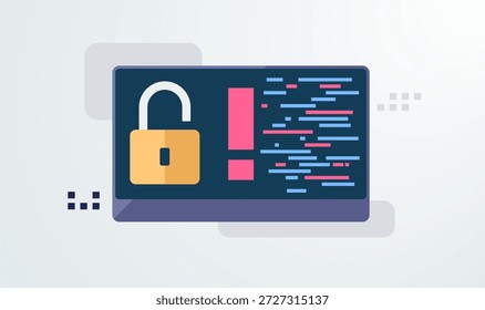 Concepto de alerta de seguridad con un candado desbloqueado, símbolo de advertencia y líneas de código digital. Vector plano visual para vulnerabilidad de ciberseguridad, error del sistema y advertencia de violación de datos. ideal para páginas de Asistencia tecnológica