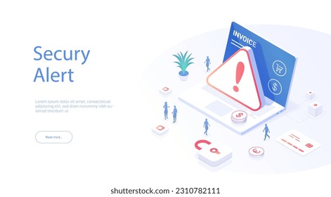 Security alert concept. System error. Laptop problem attention, exclamation mark. People next to the laptop solve the problem. Modern 3d isometric illustration.