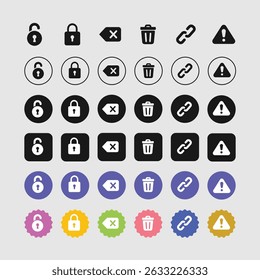 Security Alert Icons Set Lock Unlock Delete Link Warning Symbols Design