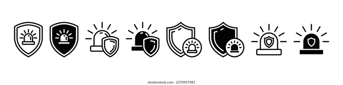 Iconos de alerta de seguridad. Protector de escudo, con sirena de emergencia. Señal de luz de atención con protección. Peligro, atención, señal, advertencia para aplicaciones y sitios web. Ilustración del vector