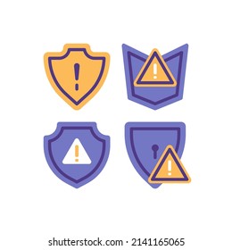 security alerts, security notifications. protection systems. danger warning sign. shield and exclamation mark. sets or collections. symbols and icons. flat cartoon illustrations. concept design