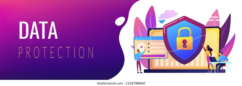 Security analysts protect internet-connected systems with shield. Cyber security, data protection, cyberattacks concept on white background. Header or footer banner template with copy space.