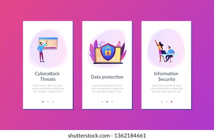 Security analysts protect internet-connected systems with shield. Cyber security, data protection, cyberattacks concept on white background. Mobile UI UX GUI template, app interface wireframe