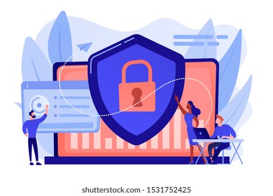 Security analysts protect internet-connected systems with shield. Cyber security, data protection, cyberattacks concept on white background. Pinkish coral bluevector isolated illustration