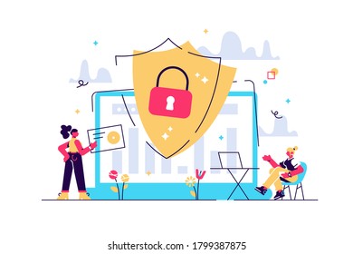 Security analysts protect internet-connected systems with shield. Cyber security, data protection, cyberattacks concept on white background. Pinkish coral bluevector isolated illustration