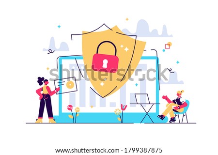 Security analysts protect internet-connected systems with shield. Cyber security, data protection, cyberattacks concept on white background. Pinkish coral bluevector isolated illustration