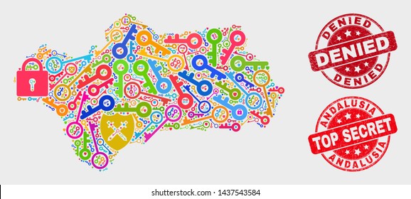 Security Andalusia Province map and seal stamps. Red rounded Top Secret and Denied scratched stamps. Bright Andalusia Province map mosaic of different security icons.