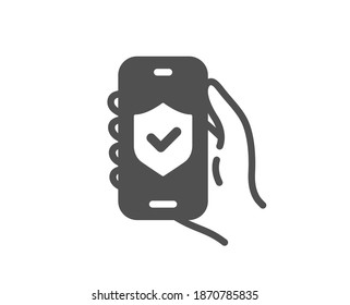 Icono de aplicación de seguridad. Mano con la señal de teléfono. Teléfono móvil con símbolo de notificación de pantalla. Elemento de diseño de calidad. Icono de aplicación de seguridad de estilo plano. Trazo editable. Vector