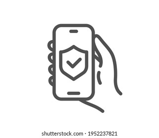 Security app line icon. Hand hold phone sign. Cellphone with screen notification symbol. Quality design element. Linear style security app icon. Editable stroke. Vector