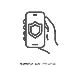 Security app line icon. Hand hold phone sign. Cellphone with screen notification symbol. Quality design element. Linear style security app icon. Editable stroke. Vector