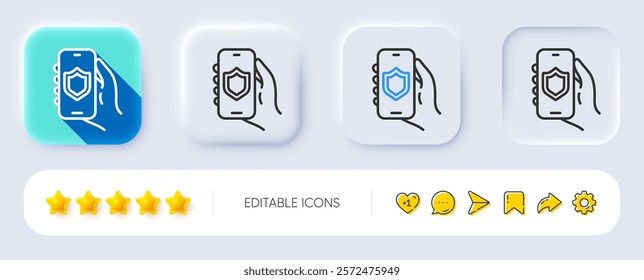 Security app line icon. Neumorphic, Flat shadow, 3d buttons. Hand hold phone sign. Cellphone with screen notification symbol. Line security app icon. Social media icons. Vector