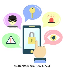 Security application on the smartphone. Balloons with  icons of security tools. White background.