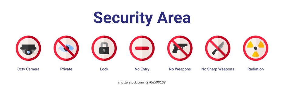Sicherheitsbereich Web-Banner Symbol Vektorgrafik-Konzept mit Cctv-Kamera, Privat, Schloss, Kein Eintritt, Keine Waffen, Keine scharfen Waffen und Strahlung in einer Sammlung.