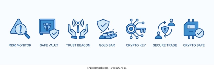 Security Asset Banner Web Icon Vector Illustration Concept With Risk Monitor, Safe Vault, Trust Beacon, Gold Bar, Crypto Key, Secure Trade, Crypto Safe