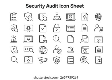 Coleta de vetor da folha de ícones de auditoria de segurança para análise abrangente do sistema e da rede