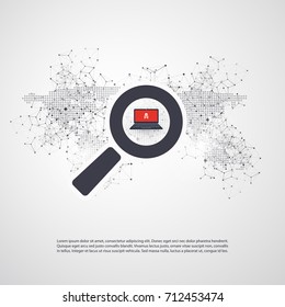 Sicherheitsaudit, Virenprüfung, Säuberung, Eliminierung von Malware, Ransomware, Betrug, Spam, Phishing, E-Mail-Scan, Hacker-Attacken und -Schäden - Design, Vektorgrafik
