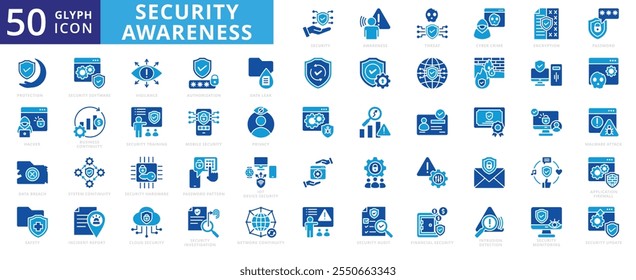 Conjunto de iconos de conciencia de seguridad con hacker, análisis, capacitación, física, amenaza, seguridad, hardware, financiero, protección, aplicación, investigación, negocios, redes sociales, nube, móvil y red