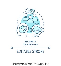 Icono de concepto turquesa de conciencia de seguridad. Ilustración de la delgada línea de ideas abstractas para el control de riesgos de ciberseguridad. Dibujo de contorno aislado. Trazo editable. Fuentes Arial, Myriad Pro-Bold utilizadas