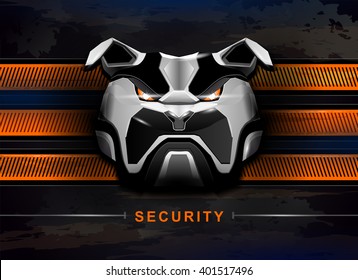 Security background with bulldog. Guard your values. The metal head of bulldog.