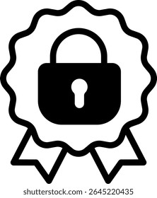 Icono de insignia de seguridad con candado, símbolo de protección de privacidad, certificado de seguridad de datos, cinta de premio de arte de línea simple, Vector de ciberseguridad