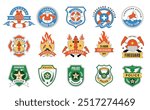 Security badges. Shield emblems of lifeguard services police and fireguard protection agents recent vector labels collection