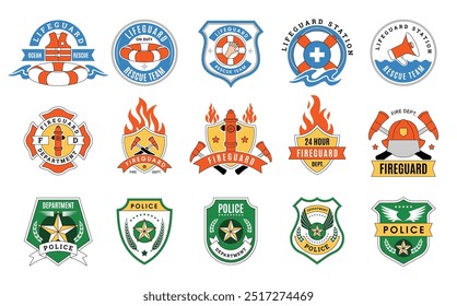 Insignias de seguridad. Emblemas de escudo de los servicios de salvavidas Agentes de protección de la policía y los bomberos Etiquetas de Vector recientes colección