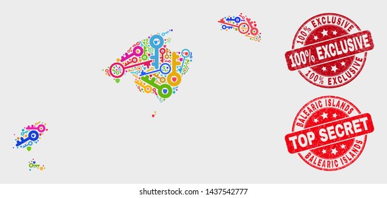 Security Balearic Islands map and seal stamps. Red rounded Top Secret and 100% Exclusive textured seal stamps. Bright Balearic Islands map mosaic of different administration icons.