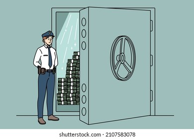 Security in bank system concept. Young woman security staff worker in uniform standing and controlling bank safe with huge money stacks vector illustration 