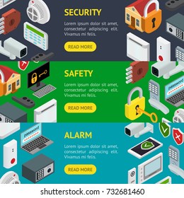 Security Banner Horizontal Set Isometric View Service Protect for Office and Home. Vector illustration