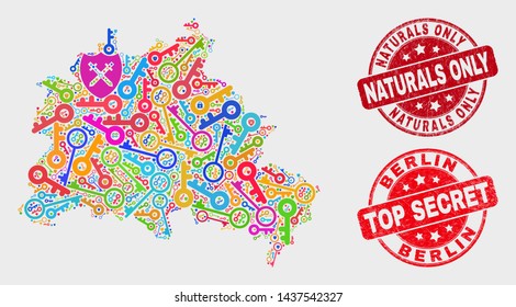 Security Berlin City map and seals. Red round Top Secret and Naturals Only distress seals. Colorful Berlin City map mosaic of different access icons. Vector combination for security purposes.