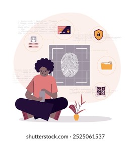 Security and biometrics. African american woman user scanning via fingerprint. protection system. Identification for permissions and access. Authentication and verification. flat vector illustration