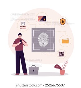 Seguridad y biometría. Escaneo de usuario masculino caucásico a través de huellas dactilares. sistema de protección. Identificación de permisos y acceso. Autenticación y verificación. Ilustración vectorial plana